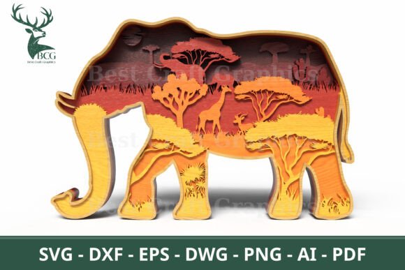 3D Layered Elephant SVG Safari Scene